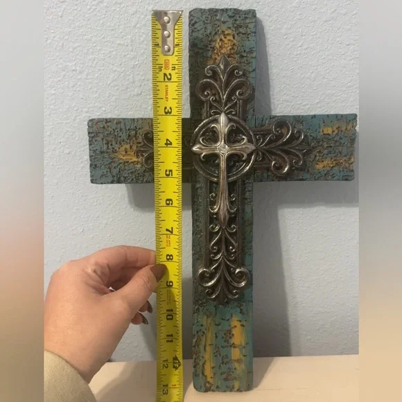 Cross Wall Decor Painted Teal w/ Silver Emblem and Brushed Gold - Picture 5 of 6
